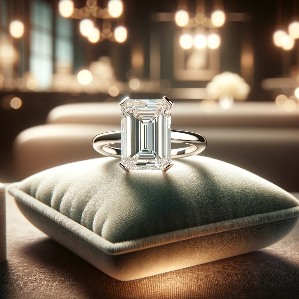 Emerald Cut Diamond Engagement Ring on a Pillow