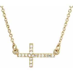 14K Yellow Gold Natural Diamond Sideways Cross Necklace