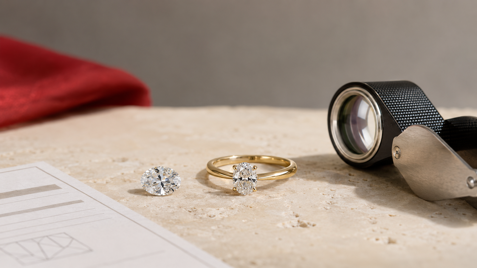 Lab-grown diamond ring, loose diamond and jeweller's loupe for a Canadian buying guide