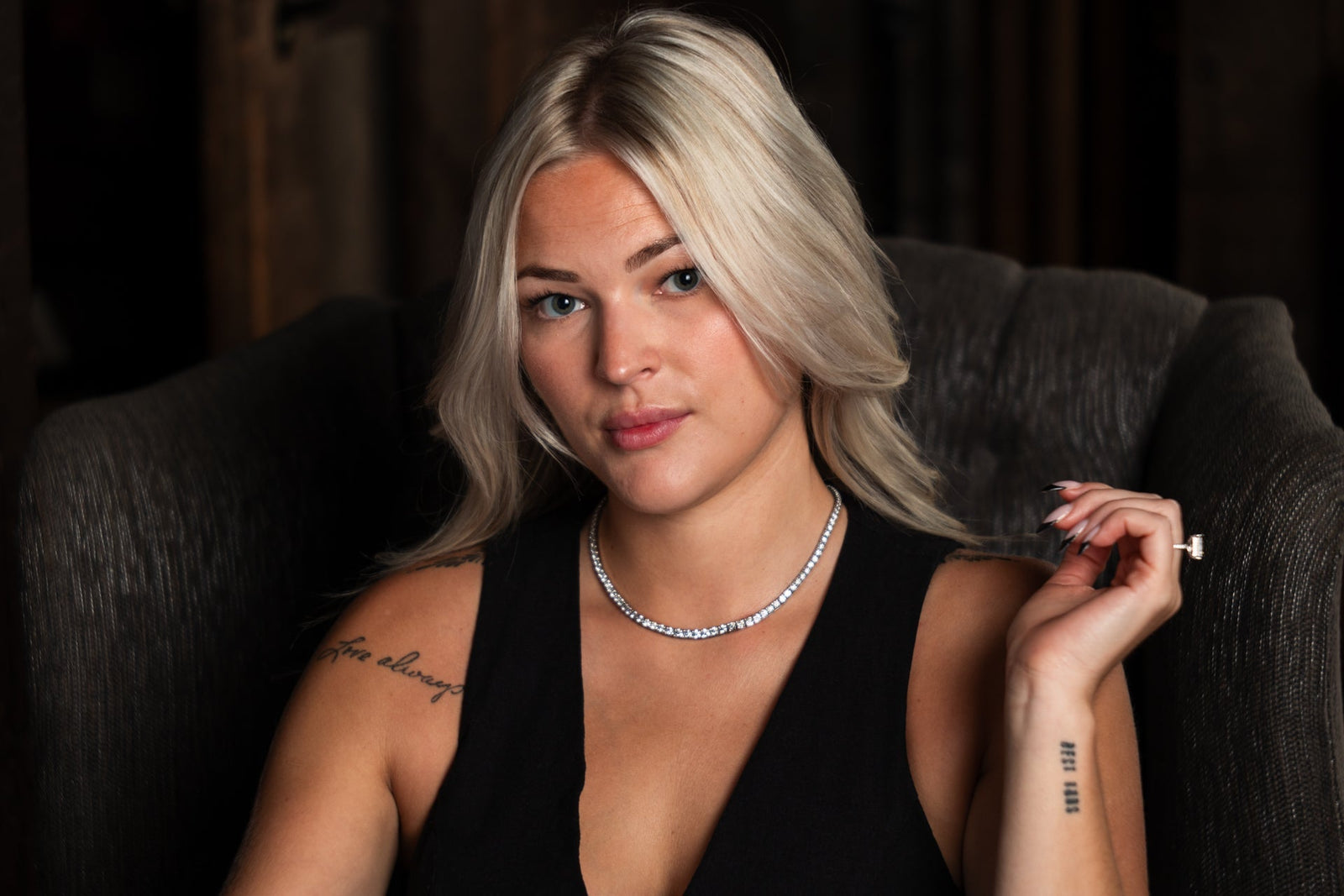 A woman wearing promise jewelry lab grown diamond fine Jewelry 