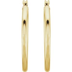 25 mm classic 2 mm tube hoop earrings in 14K yellow gold, front view