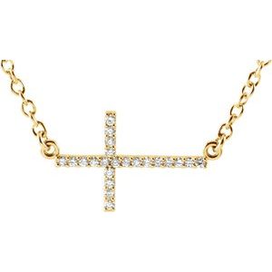 14K Yellow Gold Diamond Sideways Cross Necklace