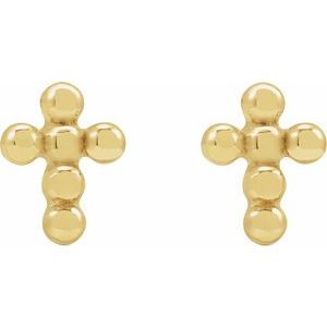 Beaded cross stud earrings in 14K yellow gold, front view