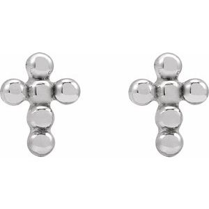 Beaded cross stud earrings in 14K white gold, front view