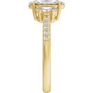 Elongated Oval Lab-Grown Diamond Three-Stone Engagement Ring in 14K Gold — 1 1/2 CTW, Yellow Gold, side profile