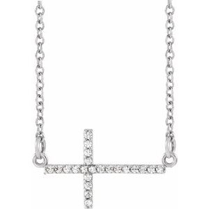 14K White Gold Diamond Sideways Cross Necklace