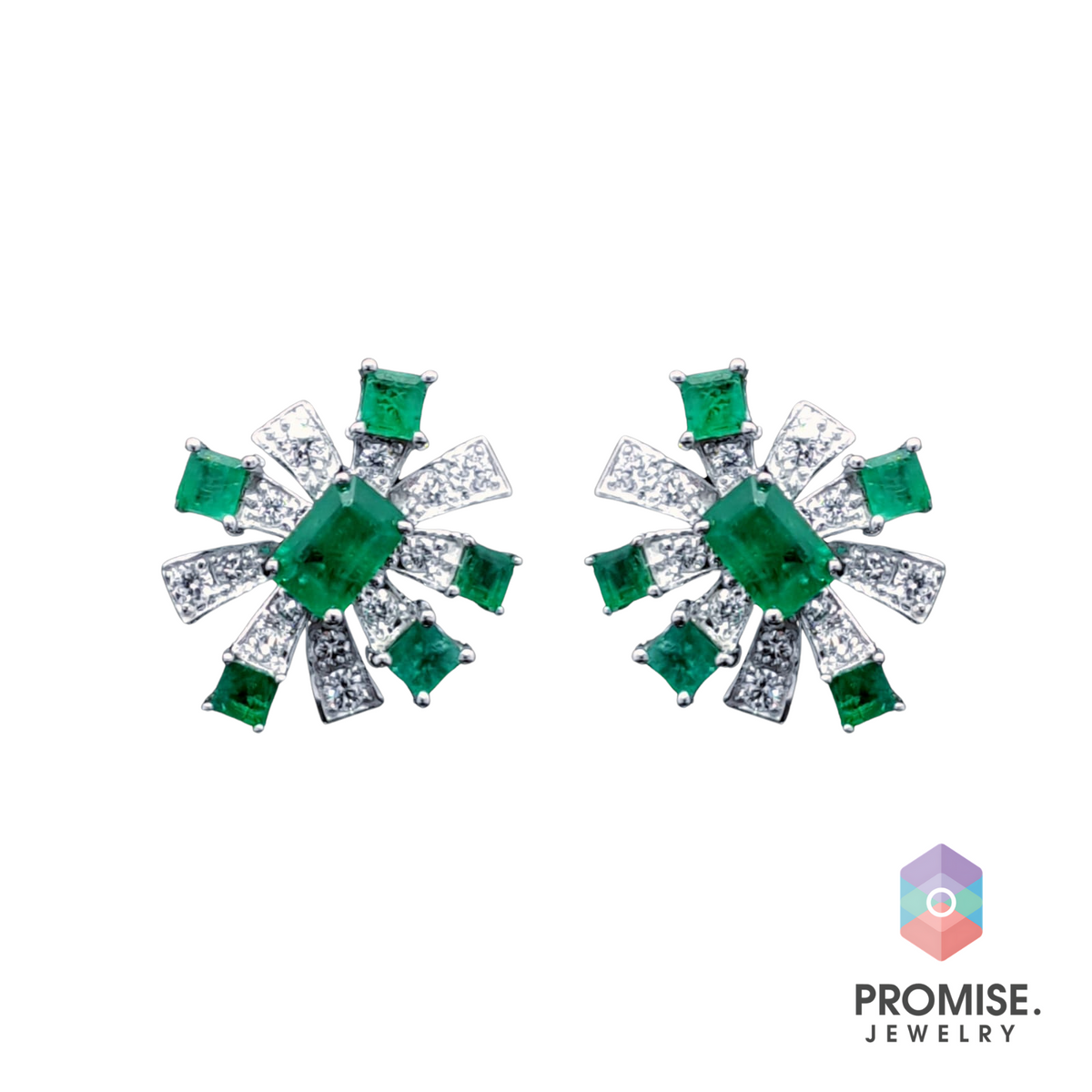 Cluster of Radiant Natural Emerald Diamond Earrings