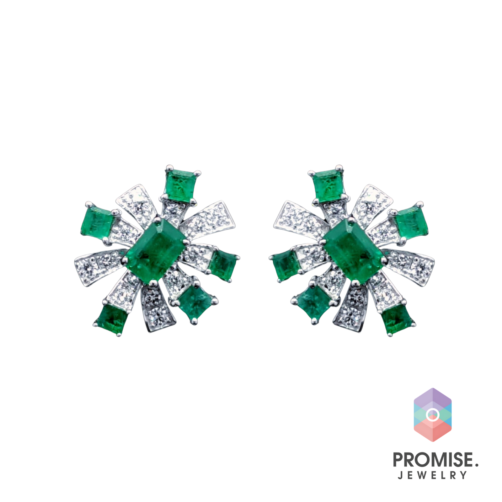 Cluster of Radiant Natural Emerald Diamond Earrings
