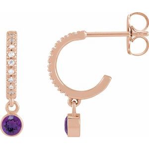 Rose Gold Natural Amethyst and Diamond Hoop Earrings