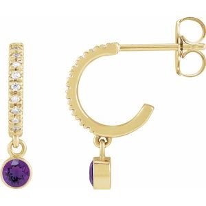 Yellow Gold Natural Amethyst and Diamond Hoop Earrings