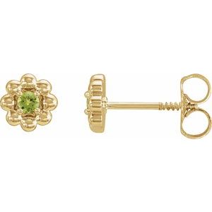 Yellow Gold August Natural Peridot Petite Flower Birthstone Stud Earrings