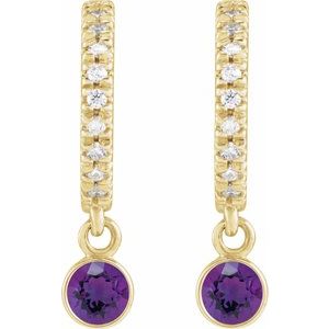 14K yellow gold natural amethyst and diamond hoop earrings front pair view