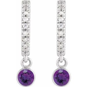 14K white gold natural amethyst and diamond hoop earrings front pair view