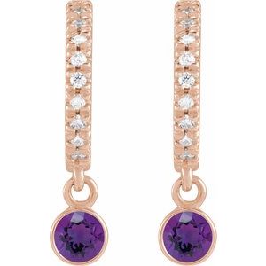 14K rose gold natural amethyst and diamond hoop earrings front pair view