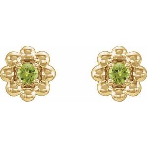 August Natural Peridot Petite Flower Birthstone Stud Earrings pair view in 14K yellow gold