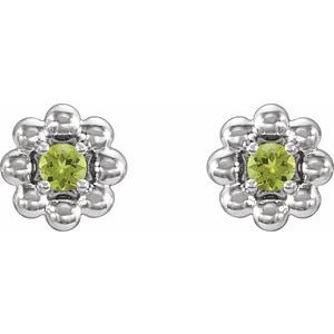August Natural Peridot Petite Flower Birthstone Stud Earrings pair view in 14K white gold