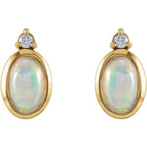 14K yellow gold Ethiopian opal and diamond bezel stud earrings front pair view