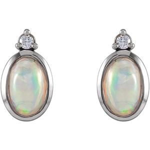 14K white gold Ethiopian opal and diamond bezel stud earrings front pair view