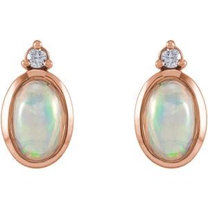 14K rose gold Ethiopian opal and diamond bezel stud earrings front pair view