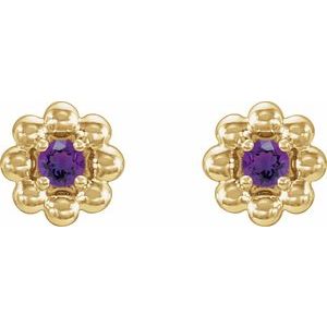 February Natural Amethyst Petite Flower Birthstone Stud Earrings pair view in 14K yellow gold