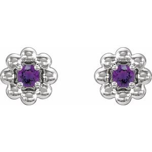 February Natural Amethyst Petite Flower Birthstone Stud Earrings pair view in 14K white gold