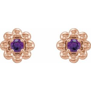February Natural Amethyst Petite Flower Birthstone Stud Earrings pair view in 14K rose gold