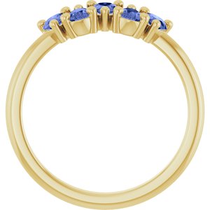Five-stone natural tanzanite ring rear profile in 14K yellow gold