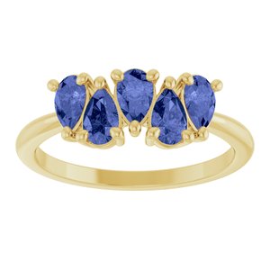 Five-stone natural tanzanite ring front view in 14K yellow gold