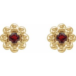 January Natural Garnet Petite Flower Birthstone Stud Earrings pair view in 14K yellow gold