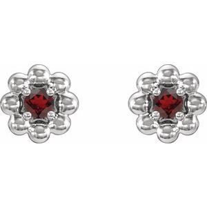 January Natural Garnet Petite Flower Birthstone Stud Earrings pair view in 14K white gold