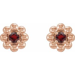 January Natural Garnet Petite Flower Birthstone Stud Earrings pair view in 14K rose gold