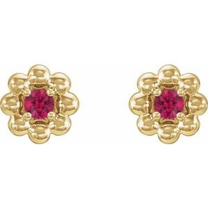 July Lab-Grown Ruby Petite Flower Birthstone Stud Earrings pair view in 14K yellow gold