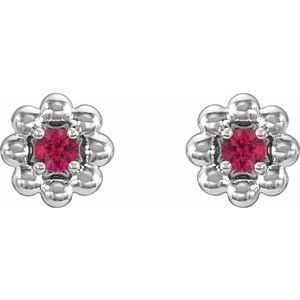 July Lab-Grown Ruby Petite Flower Birthstone Stud Earrings pair view in 14K white gold