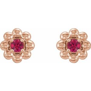 July Lab-Grown Ruby Petite Flower Birthstone Stud Earrings pair view in 14K rose gold