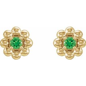 June Lab-Grown Alexandrite Petite Flower Birthstone Stud Earrings pair view in 14K yellow gold