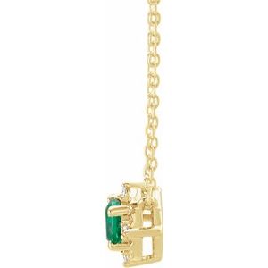 Lab-Grown Emerald and Diamond Halo Necklace side profile in 14K yellow gold