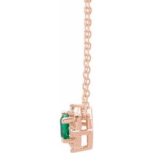 Lab-Grown Emerald and Diamond Halo Necklace side profile in 14K rose gold