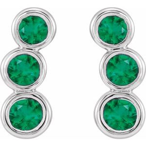 14K white gold lab-grown emerald three-stone ear climbers front pair view