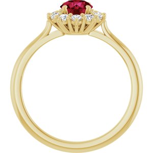 Lab-grown ruby and diamond halo ring rear profile in 14K yellow gold