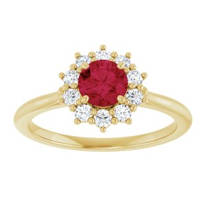 Lab-grown ruby and diamond halo ring front view in 14K yellow gold