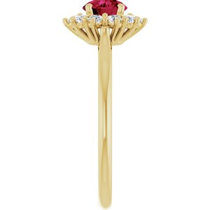 Lab-grown ruby and diamond halo ring side profile in 14K yellow gold