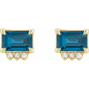 14K yellow gold London blue topaz and diamond stud earrings front pair view