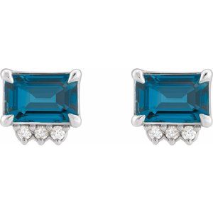 14K white gold London blue topaz and diamond stud earrings front pair view