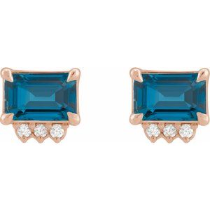 14K rose gold London blue topaz and diamond stud earrings front pair view