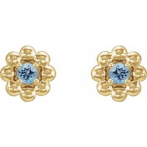 March Natural Aquamarine Petite Flower Birthstone Stud Earrings pair view in 14K yellow gold