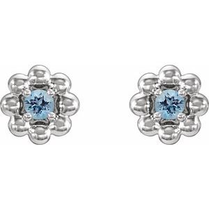 March Natural Aquamarine Petite Flower Birthstone Stud Earrings pair view in 14K white gold