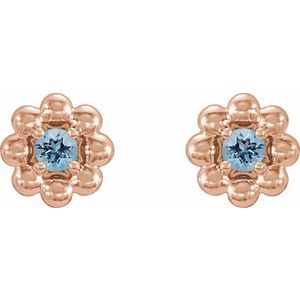 March Natural Aquamarine Petite Flower Birthstone Stud Earrings pair view in 14K rose gold