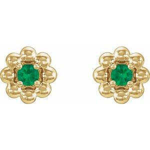 May Natural Emerald Petite Flower Birthstone Stud Earrings pair view in 14K yellow gold