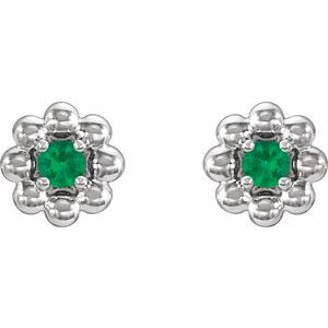 May Natural Emerald Petite Flower Birthstone Stud Earrings pair view in 14K white gold