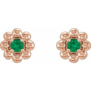 May Natural Emerald Petite Flower Birthstone Stud Earrings pair view in 14K rose gold